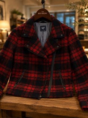 GAP- Indonesia Red and Black Plaid wool buffalo check Moto Coat